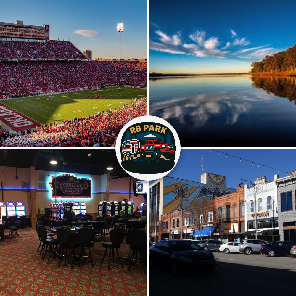 A collage of nearby attractions including Lake Thunderbird, a casino, and an OU football game