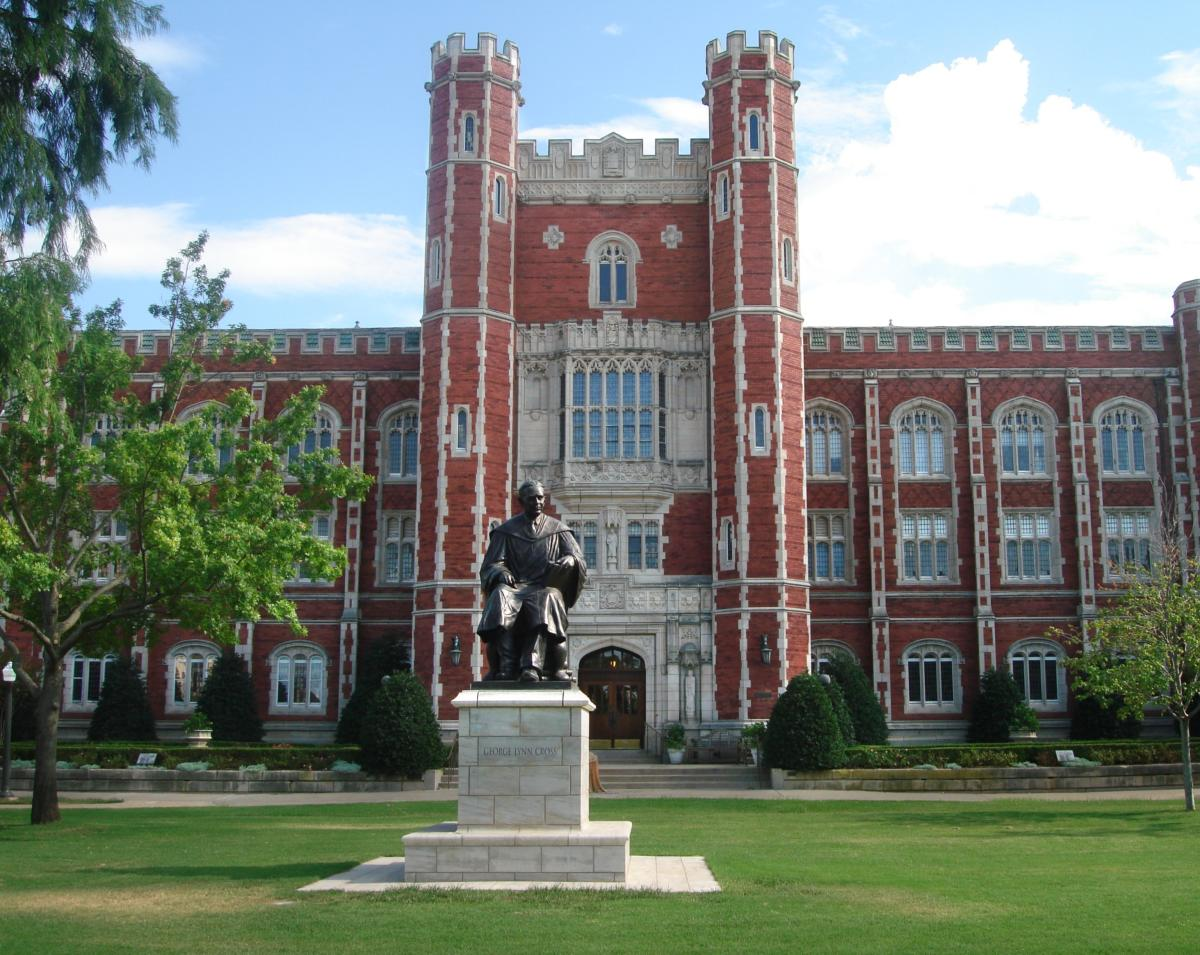 The Bizzell Memorial Library at the University of Oklahoma, with a clear sky and green lawn