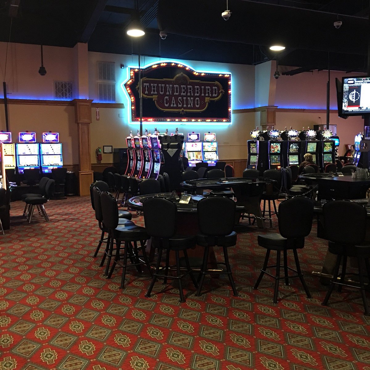 The exterior of Thunderbird Casino at dusk